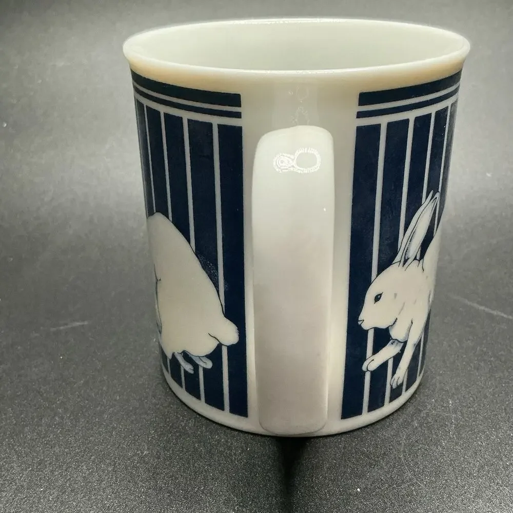 Curzon Running Easter Rabbit Ceramic Coffee Mug Blue‎ & White Stripes, Vtg.